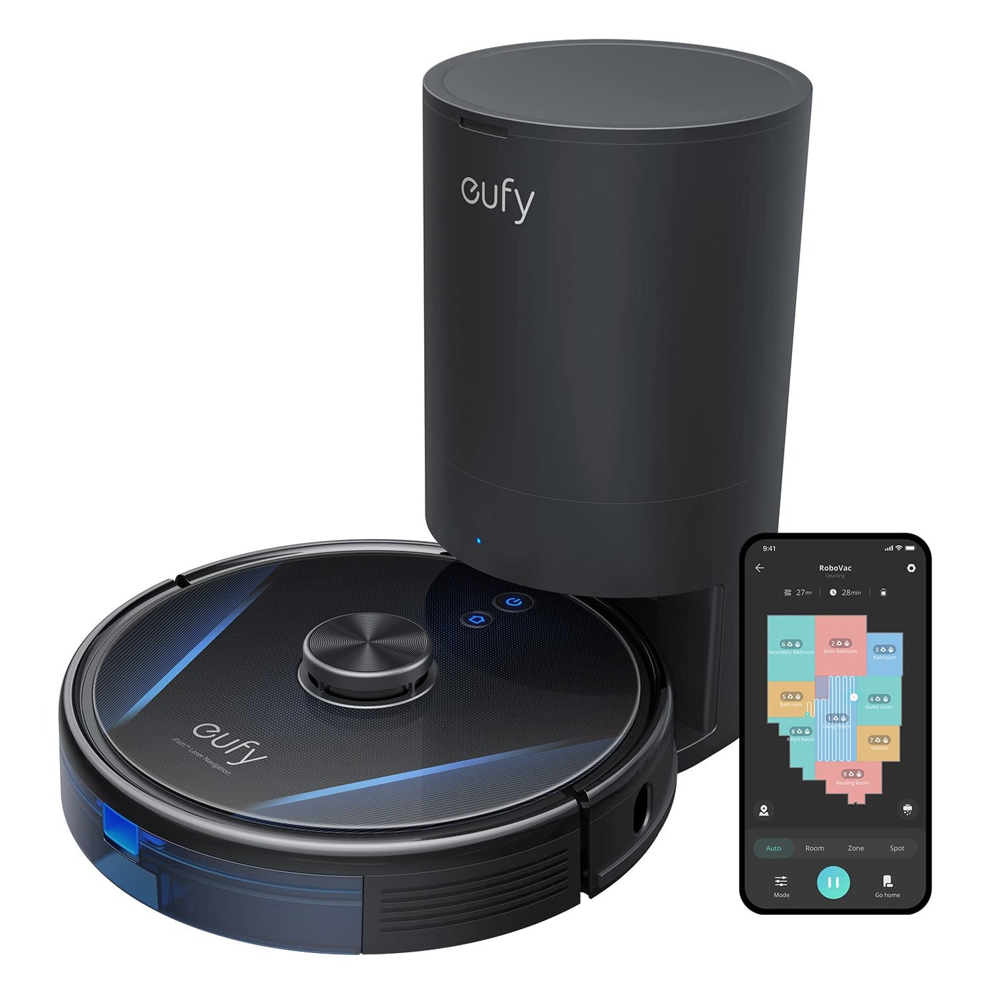 eufy RoboVac LR30 Hybrid+ robot vacuum with disposal station, mopping function, 60-day capacity, iPath laser navigation, 3000Pa suction power, multi-floor mapping, app control, Alexa compatible.