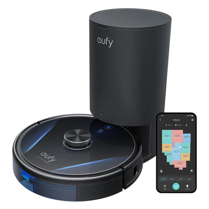 eufy RoboVac LR30 Hybrid+ robot vacuum with disposal station, mopping function, 60-day capacity, iPath laser navigation, 3000Pa suction power, multi-floor mapping, app control, Alexa compatible.