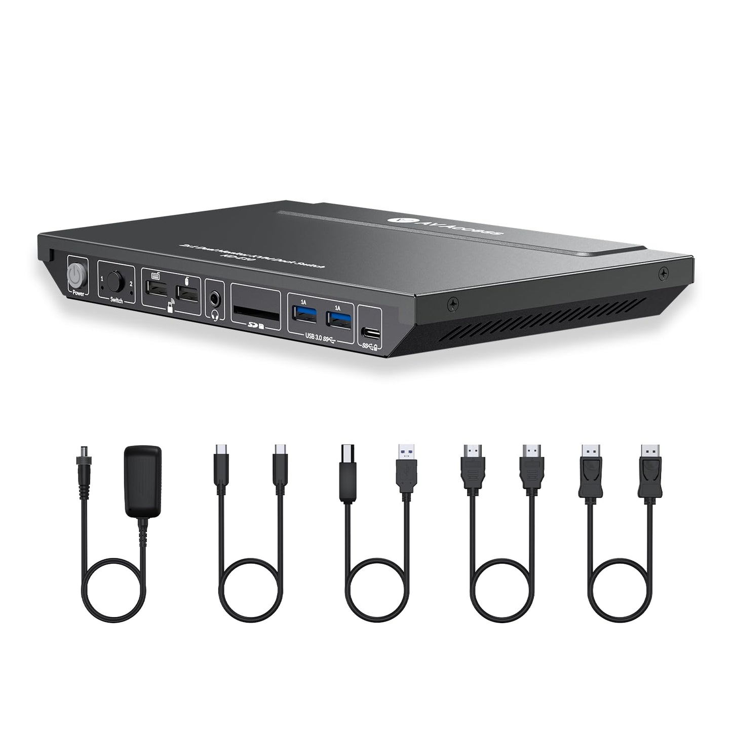 AV Access docking station with KVM switch for laptop & desktop, 100W charging, 4K@60Hz dual monitor HDMI, 3xUSB 3.0, USB-C, 1G Ethernet, EDID support, SD, 3.5mm AUX audio, fast switch 2 computers