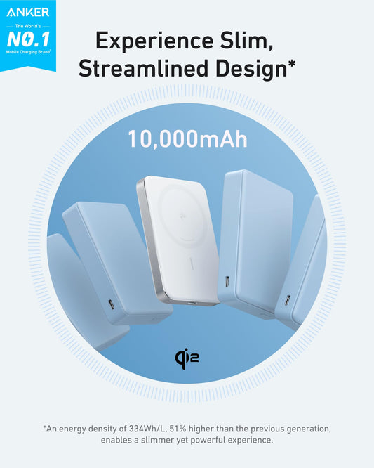 Anchor MagGo Powerbank, ultra-slim 10,000mAh magnetic battery pack, Qi2-certified, portable, 15W ultra-fast MagSafe-compatible charger, ergonomic design, only for iPhone 17/16/15/14.