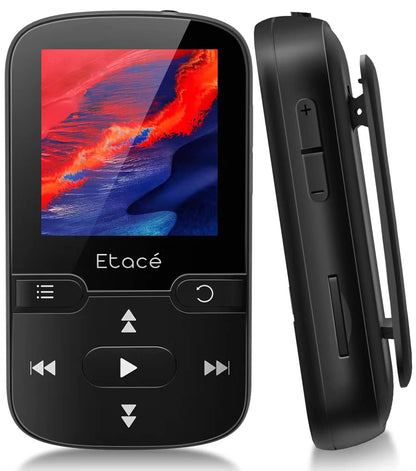 Etacé MP3 player with Bluetooth 5.3, sports music player with 16GB internal storage, FM radio, e-book, pedometer, voice recording, and support for up to 128GB TF/Micro SD card.