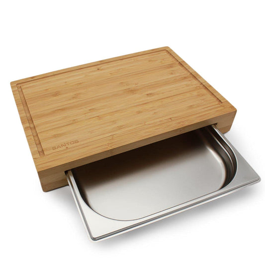 SANTOS Bamboo Cutting Board with Drip Tray - 42.5x7x29cm - Large Serving Tray - Wooden Board for Chopping & Serving - Kitchen Helper - Carving Board