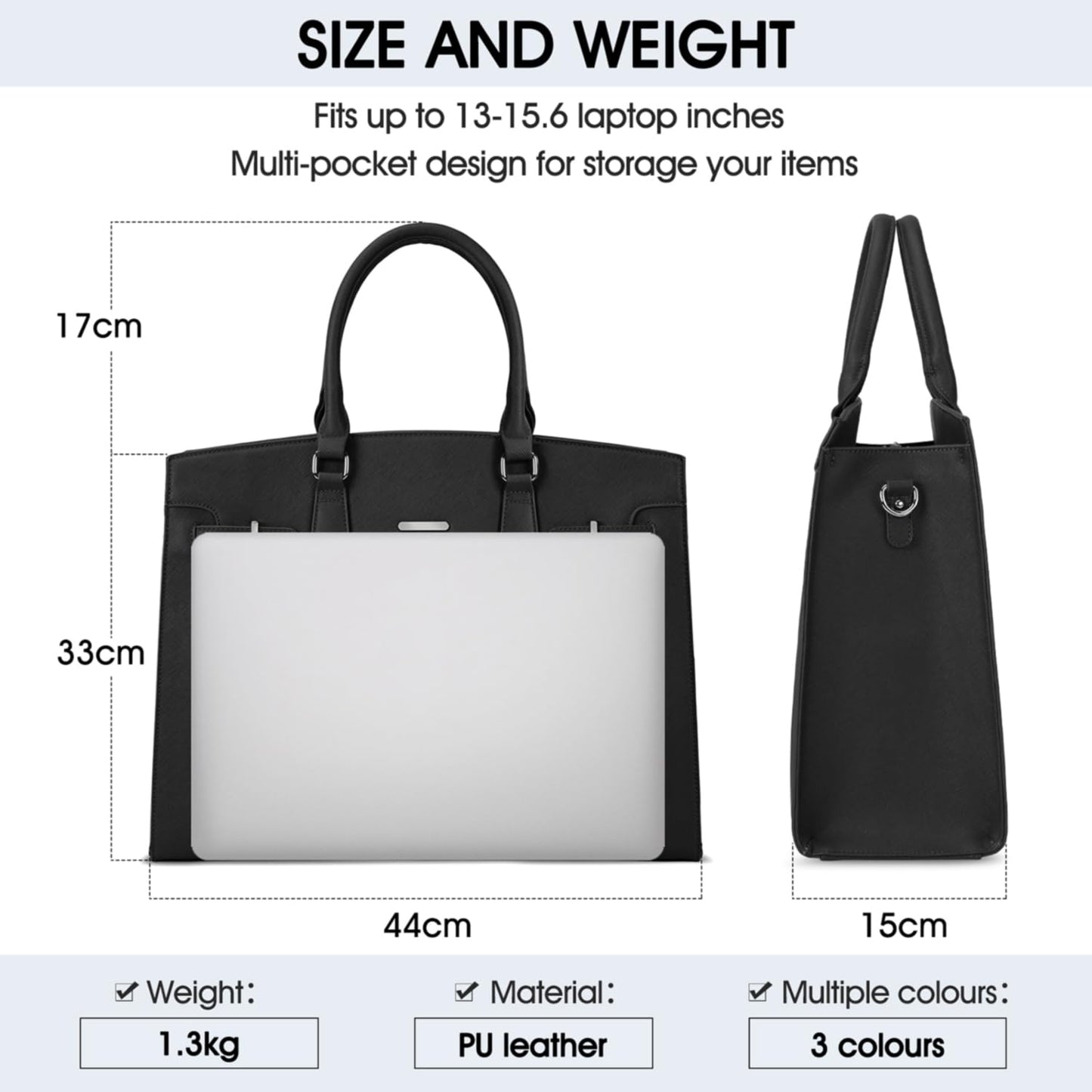 IGOLUMON women's handbag shopper large black laptop bag 15.6 inch PU leather shoulder bag waterproof for business office work teacher bag school