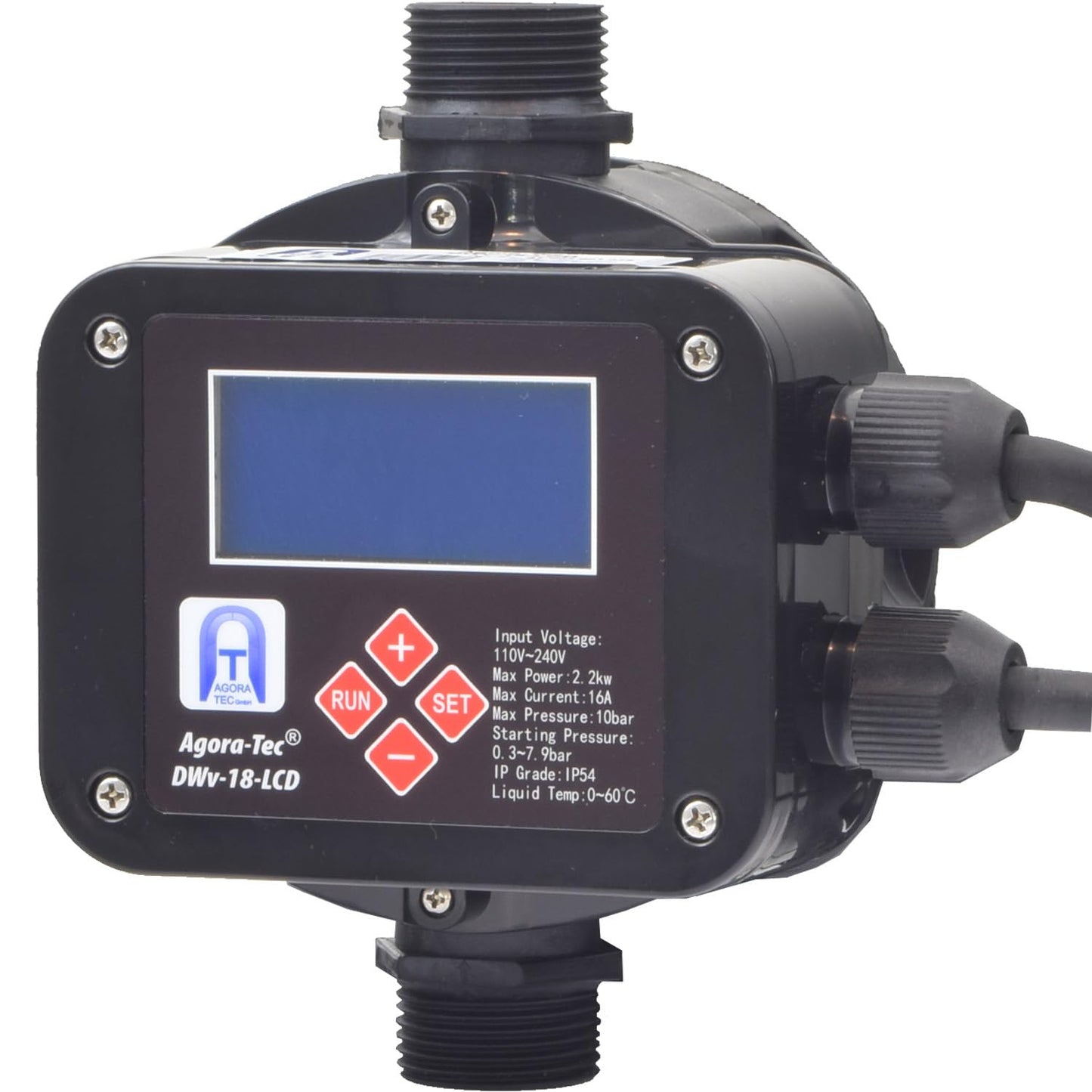 Agora-Tec® Pump control pressure switch flow monitor DWv-18-LCD wired (adjustable on/off pressure) with dry run protection, overpressure monitoring, leakage indication.