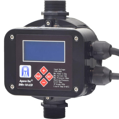 Agora-Tec® Pump control pressure switch flow monitor DWv-18-LCD wired (adjustable on/off pressure) with dry run protection, overpressure monitoring, leakage indication.