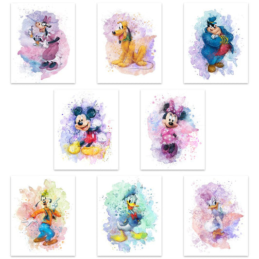 Mickey Mouse watercolor prints - unframed set of 8 (20.3 x 25.4 cm) Mickey Mouse wall art decor - Minnie Mouse room decor - Donald Duck, Daisy Duck, Goofy, Pluto decor posters.