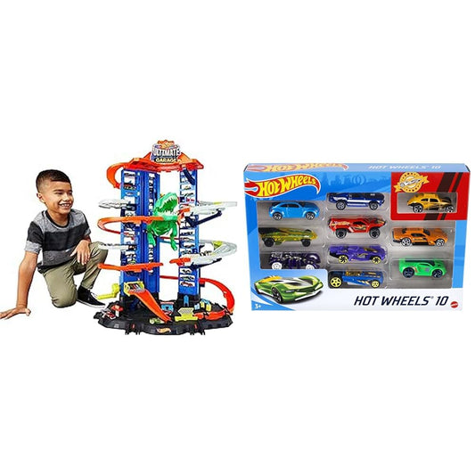 Hot Wheels Exclusive Combo Deal: GJL14 City Robot Rex Megacity Parking Garage with Toy Dinosaur including 2 toy cars + Hot Wheels 54886 1:64 Die-Cast Car Gift Set, 10 Pack