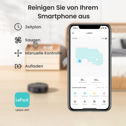 LEFANT M210PG robot vacuum with 2200 Pa, WiFi, compatible with Alexa and app control, 120 min runtime, optimized for carpets, pet hair, and hard floors with charging dock.