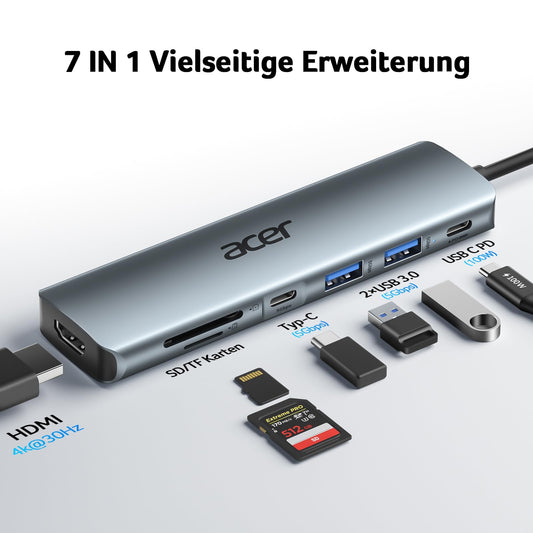 Acer USB C Hub, 7IN1 USB C to 4K HDMI, 2xUSB 3.0, 1x USB C 5Gbps, 100W PD, SD/TF Card Reader, Aluminum Docking Station Multiport Adapter for iPhone 15/16 Series, MacBook/iPad Pro/Air, S24, Surface, etc.