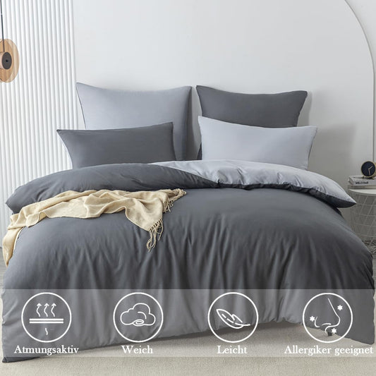 Nesture bedding set 155x220 2 pieces Anthracite/Grey bedding sets Microfiber reversible duvet cover 155 x 220, soft & wrinkle-free 1 duvet cover + 1 pillowcase 80x80cm with zipper