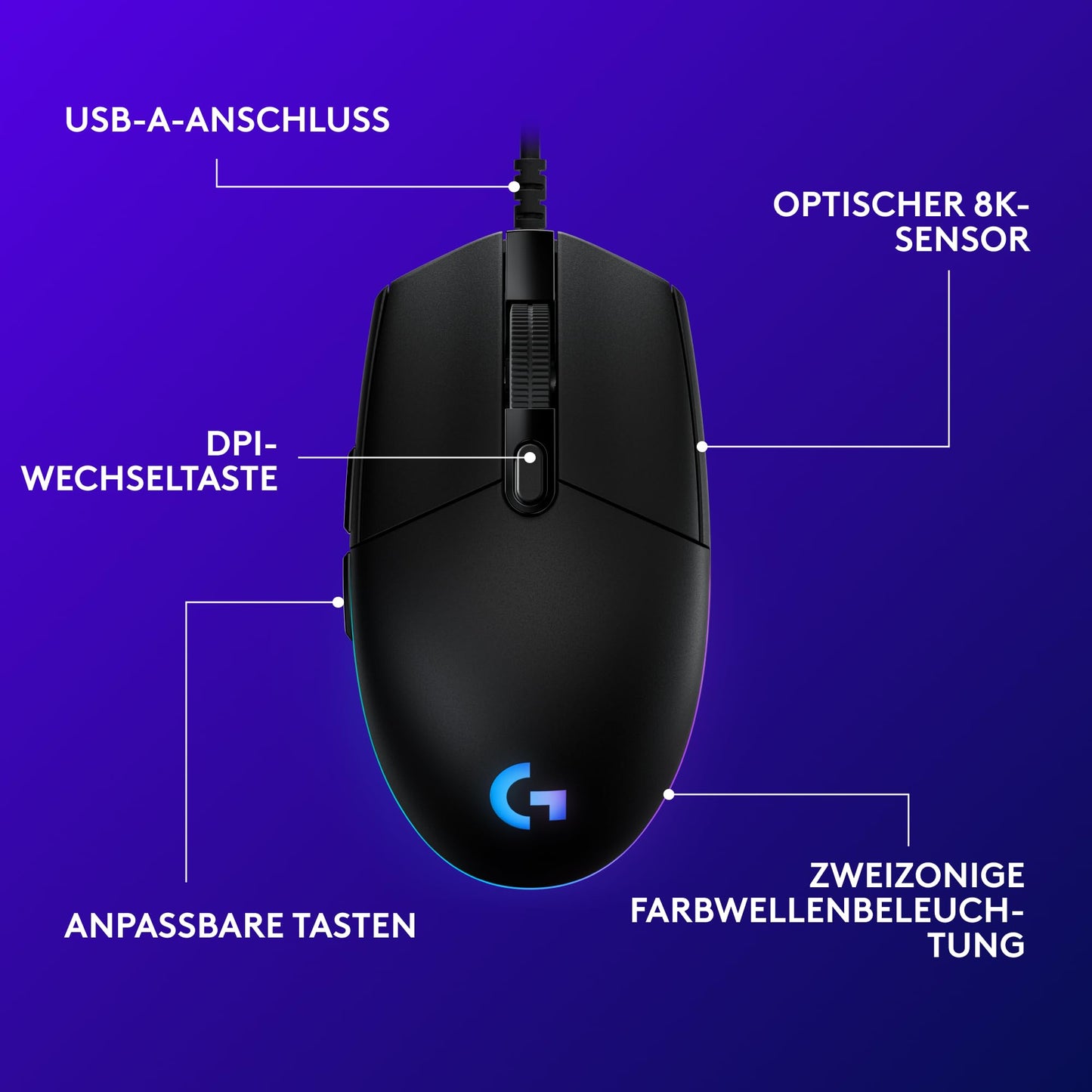 Logitech G203 Gaming Mouse with customizable LIGHTSYNC RGB lighting, 6 programmable buttons, gaming-grade sensor, 8,000 DPI tracking, lightweight - Black