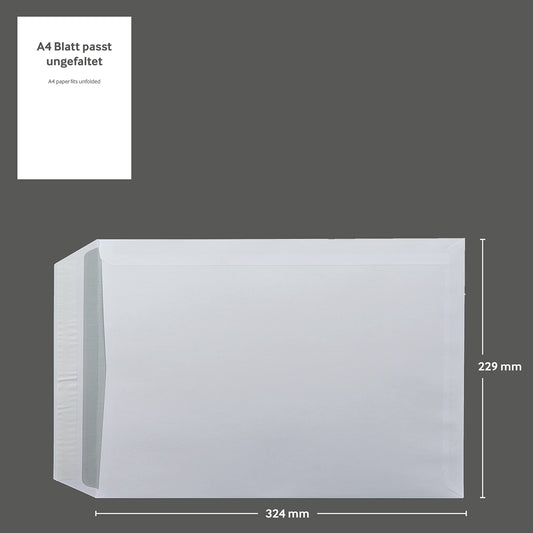 250 pieces, shipping envelopes, C4, without window, white, self adhesive, 229 x 324 mm, envelopes, straight flap, 120 gsm offset, plain letter covers