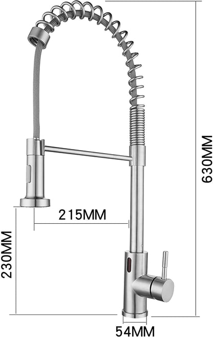 Touchless kitchen sink faucet with pull down spring, automatic sensor mixer in brushed nickel stainless steel.