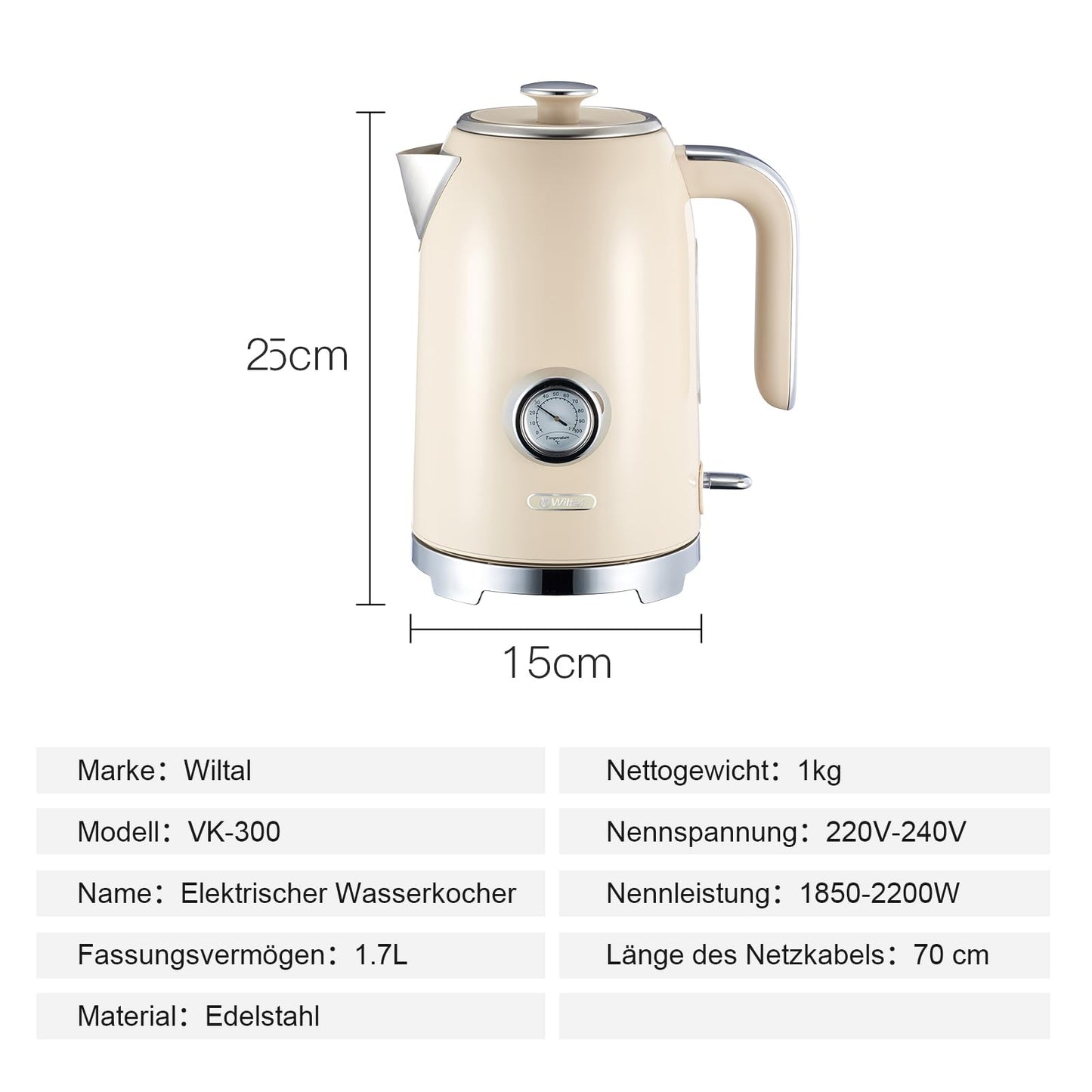 Wiltal Electric Kettle [1.7L, 2200W], Retro Cream, Stainless Steel, Toaster Kettle Set Retro (Water temperature display in retro design, external water level indicator) Vintage Tea Kettle.