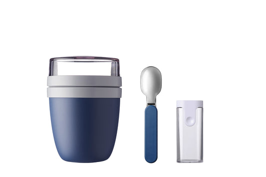 Mepal - Lunchpot & Folding Spoon Ellipse Set - Yogurt Cup To Go including spoon - Separate compartments for yogurt & muesli - Meal Prep - Spoon To Go with travel case - Nordic Denim