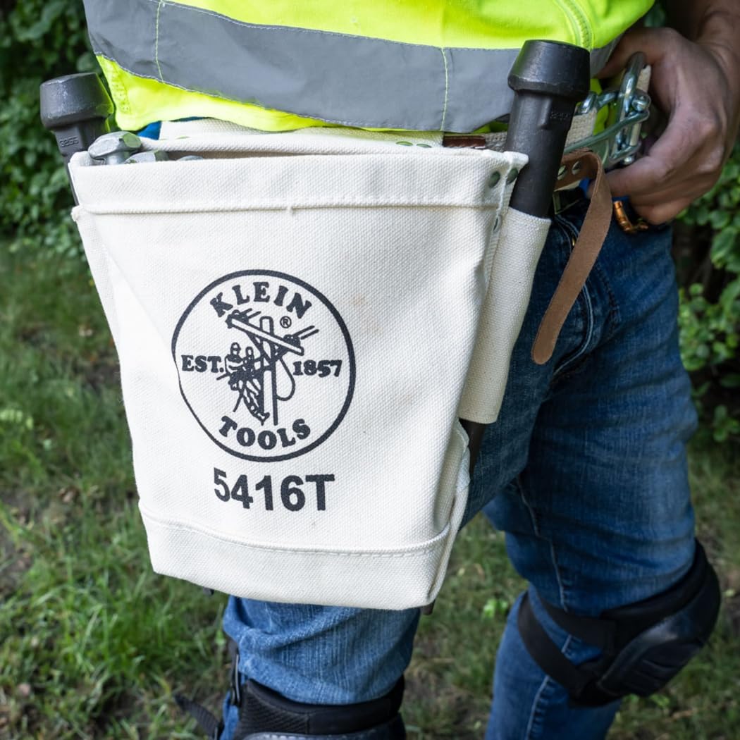 Canvas Bolt Bag, small bag for storing bolts with bull pin loops, belt tunnel loop connection. Klein Tools 5416T, cream, 25.40 cm.