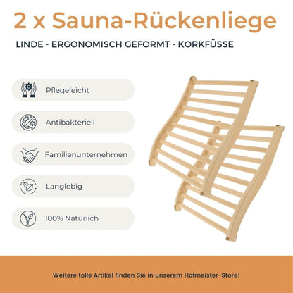 2X HOFMEISTER® Sauna backrest made of high-quality lime wood, 51 cm, ergonomically shaped, Made in Europe, non-slip sauna back support, Relax and unwind with headrest