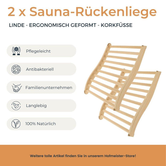 2X HOFMEISTER® Sauna backrest made of high-quality lime wood, 51 cm, ergonomically shaped, Made in Europe, non-slip sauna back support, Relax and unwind with headrest