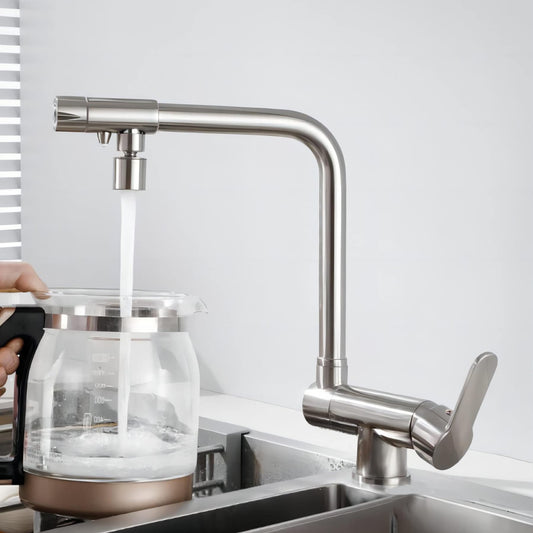 SJQKA-3 Way Kitchen Faucet, In-front-of-window Kitchen Tap, 360° Rotatable Kitchen Tap, 3 In 1 Mixing Faucet for Water Filter, Made of High Quality Brass (Brushed)