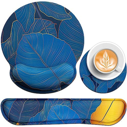 Acezeek 3-in-1 mousepad set with keyboard wrist rest, gel wrist support, cup pad. Ergonomic design with memory foam provides wrist pain relief. Ideal for gaming, office, dorm rooms.