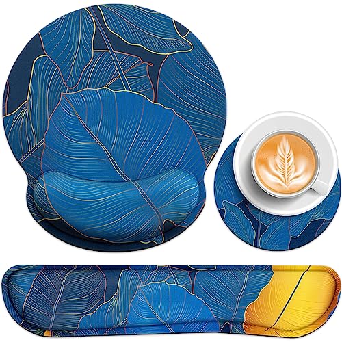 Acezeek 3-in-1 mousepad set with keyboard wrist rest, gel wrist support, cup pad. Ergonomic design with memory foam provides wrist pain relief. Ideal for gaming, office, dorm rooms.