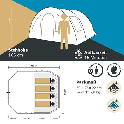 Skandika Kambo tunnel tent for 4 people | tent with sleeping cabin for 4 men, waterproof with 3000mm water column, 3 entrances, sunshade, awning | camping tent in grey/beige