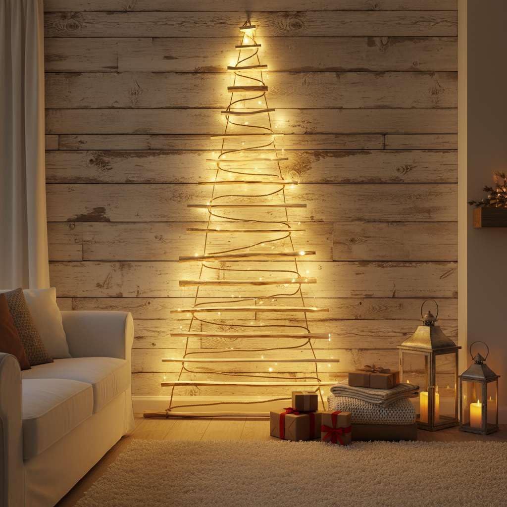 Handmade Christmas tree 205 cm high, made of hazelnut wood | Decorative ornaments | with 10m LED lights | Wooden plates connected by a 6mm thick jute rope.
