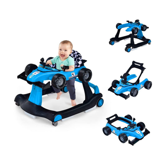 COSTWAY 4 in 1 walking aid, foldable walking cart with adjustable height & speed, car-shaped baby walker with music box, light & wheels, walker for babies from 6 months, load capacity 12kg (blue)
