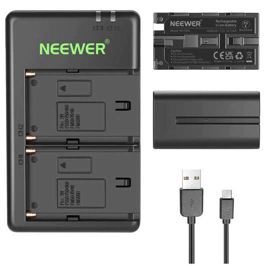 NEEWER NP F550 battery charger set, compatible with Sony NP F970 F750 F770 F960 F550 F530 F330 F570 CCD SC55 TR516 TR716 TR818 TR910 TR917 NEEWER LED light/monitor/camera slider (2-pack, black).