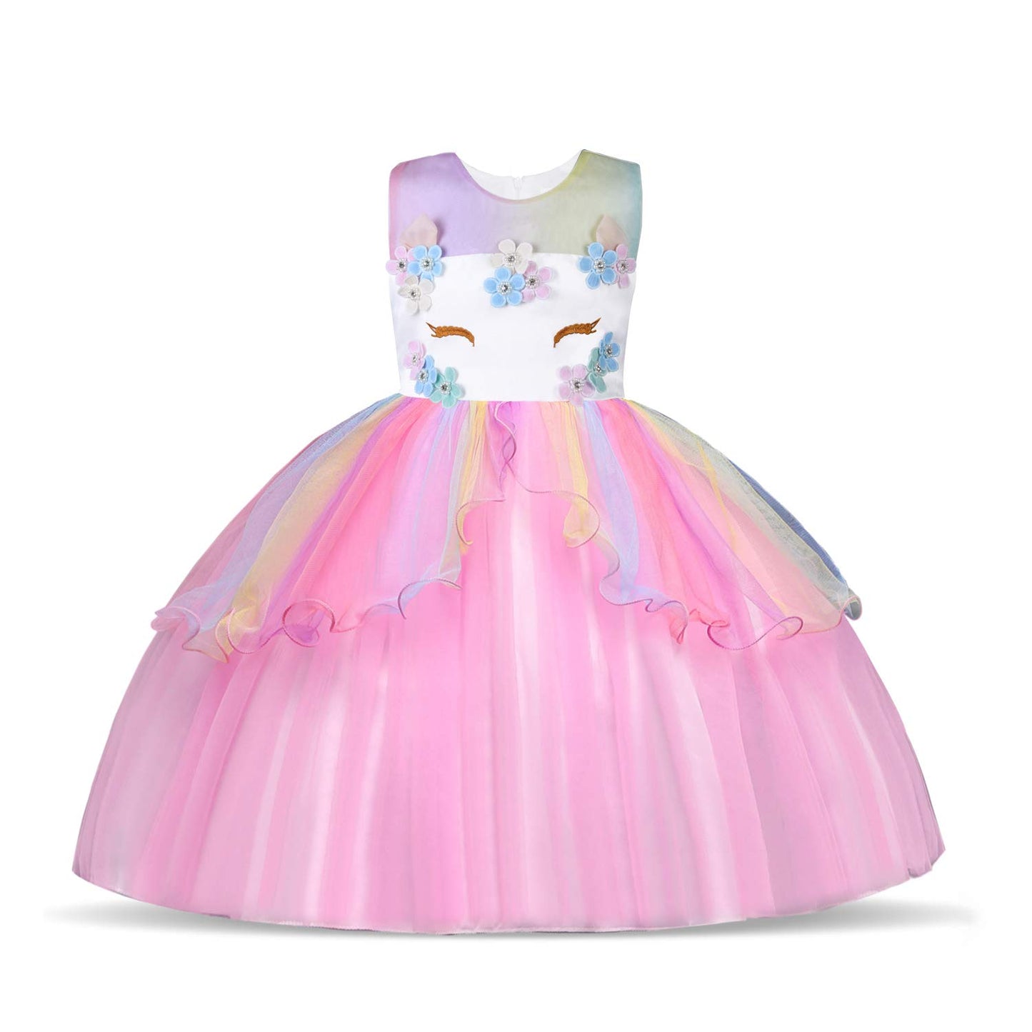 URAQT Kids Unicorn Costume Dress, Girls Unicorn Skirt, Flower Girls Sleeveless Party Dress, Birthday Dress Fancy Dress, Carnival Costume with Unicorn Outfit Set, 110cm (Pink-B)