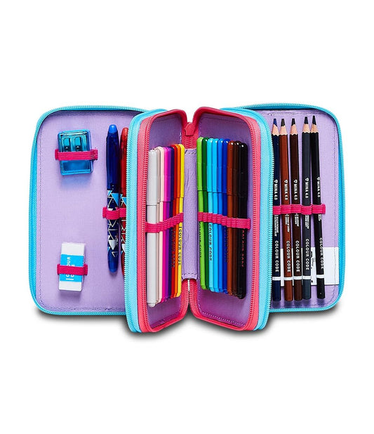 Seven pencil cases, multi-colored pouches with pencils, markers, and school supplies. Includes 3 compartments and perfect for girls in elementary school. XXL LILO&Stitch.