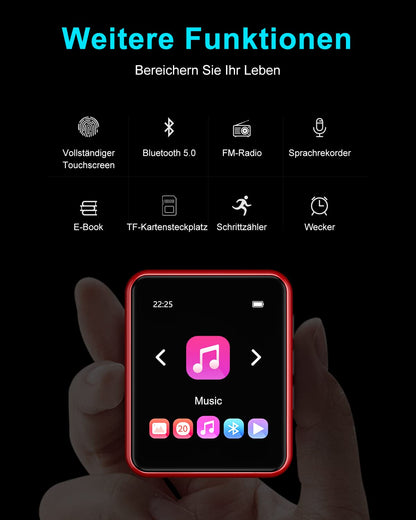 32GB MP3 Player Bluetooth 5.0, HiFi Lossless Sound Music Player with Speaker, Line-in Voice Recorder, FM Radio, 1.8" Full Touchscreen, Support up to 128 GB (with Headphones, Case)