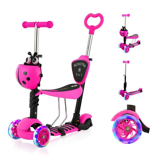 YOLEO 5-in-1 Kids Scooter with Removable Cartoon Basket Seat Push Handle LED Big Wheels Comfortable Backrest Height Adjustable Handlebar for Toddlers Boys Girls from 2 Years (Pink)