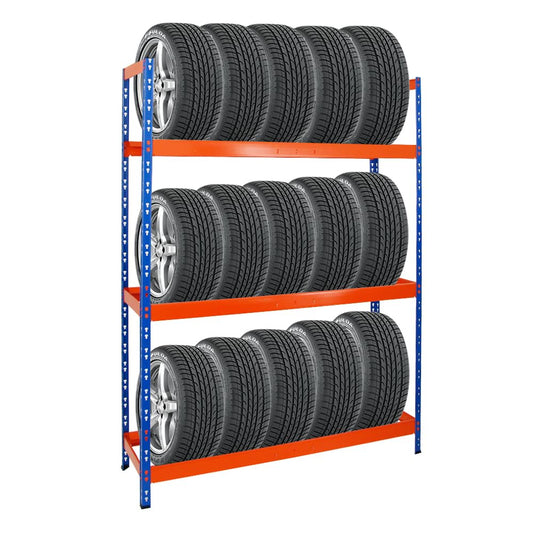 PROREGAL Tire Rack Tiger XL | HxWxD 200x150x45 cm | 300kg shelf load | up to 18 tires (205/55 R16) | Blue/Orange | Workshop Shelf, Storage Shelf, Basement Shelf