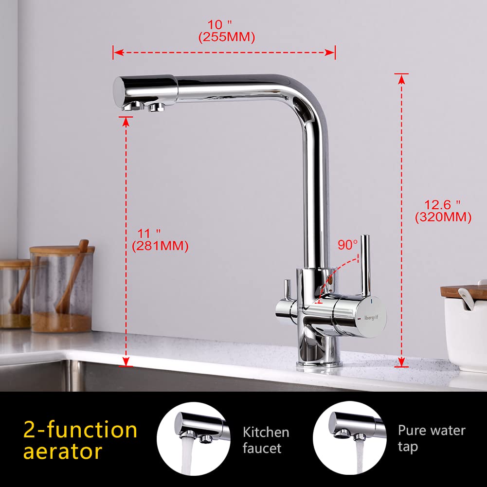 3-way kitchen faucet (drinking water tap with 360° swivel, dual lever, 3-in-1 function for water filter, hot and cold water outlet, high pressure, with 3 hoses 50 cm) stainless steel chrome