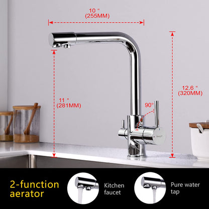 3-way kitchen faucet (drinking water tap with 360° swivel, dual lever, 3-in-1 function for water filter, hot and cold water outlet, high pressure, with 3 hoses 50 cm) stainless steel chrome