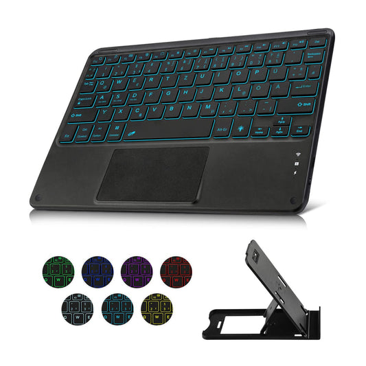 Bluetooth keyboard with touchpad for tablet. Illuminated rechargeable QWERTZ keyboard. Wireless keyboard with 7 color backlight for iPad, Android tablet, Microsoft Surface in black.
