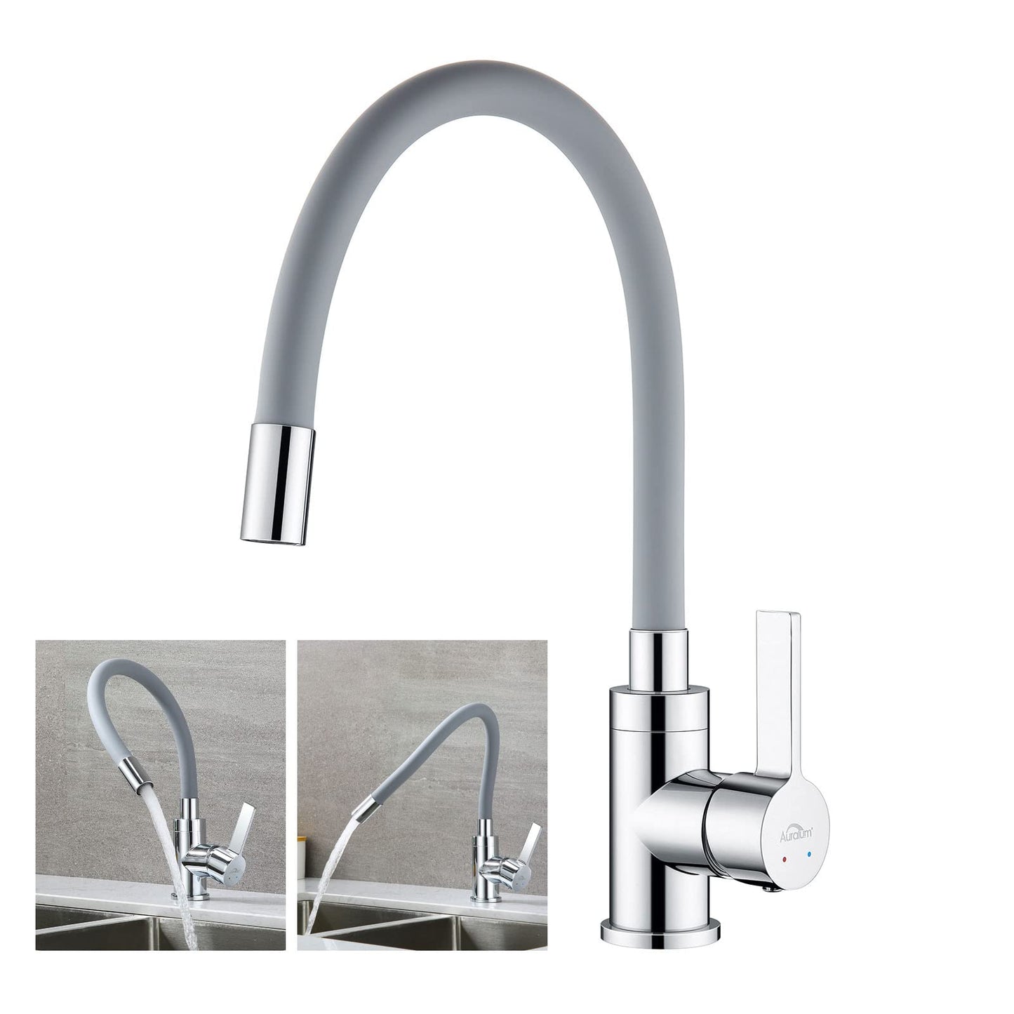 Kitchen faucet with flexible silicone hose, Auralum high-pressure kitchen tap, kitchen faucet 360° rotatable, mixer tap with flexible spout (grey)
