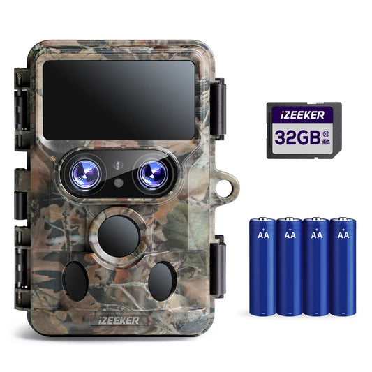 iZEEKER Trail Camera WiFi Dual Lens 4K 30fps 60MP, Wildlife Camera with Starlight Night Vision Motion Sensor, 120° Detection Angle 0.1s Trigger Time, Game Camera with 32GB SD Card and 4 Batteries