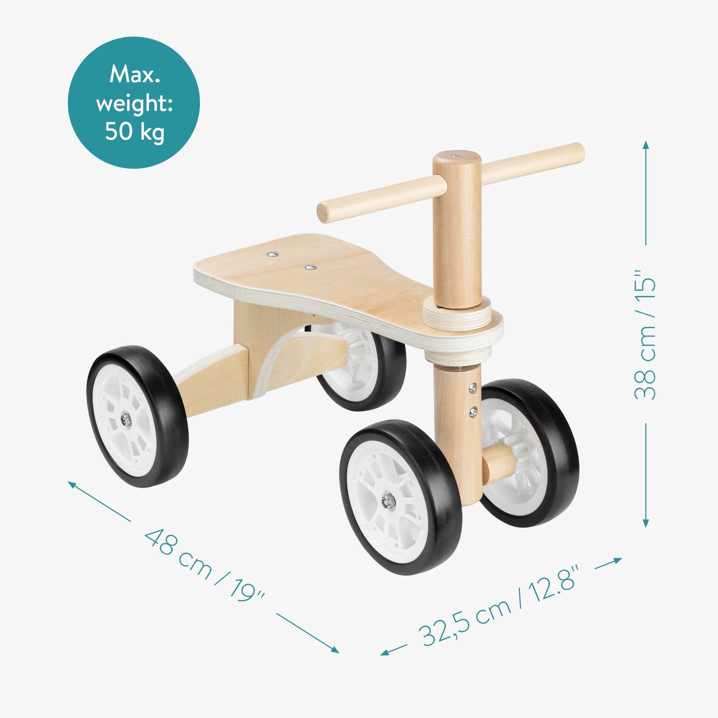 Navaris wooden push bike with trailer - balance bike for children from 18 months - wooden push bike slider - 4 wheels baby bike ride-on toy