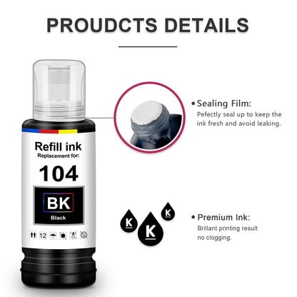 UniPlus Ink E104 Compatible for Epson E104 Multipack Black Printer Cartridges ET-2870 ET-2820 ET-4800 ET-1810 Compatible for Epson Ecotank ET-2826 ET-4810 ET-2810 ET-2814 ET-2840 ET-2720 ET-2825