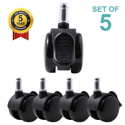 Office chair casters with brakes 11mm hard floor castors for office chairs 5-piece set replacement casters desk chair castors, rubber castors for carpet and parquet floors and tiles, office chair castors 50mm up to 250kg