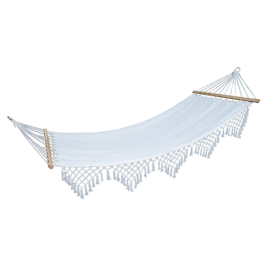 SVITA luxury hammock with decorative boho trim, wooden frame, macramé, and beige cotton.