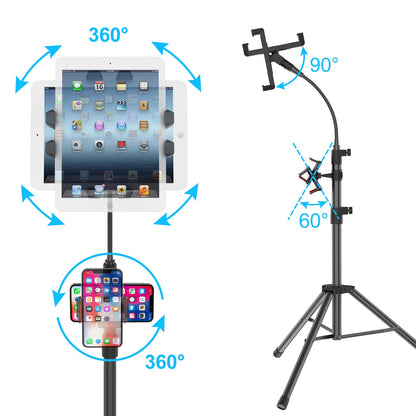 LIUGAST tripod stand, 63 inches - floor stand for tablet, with 360° rotation for iPhone Mini, Air, Pro and all 4.7-11.9 inch tablets.