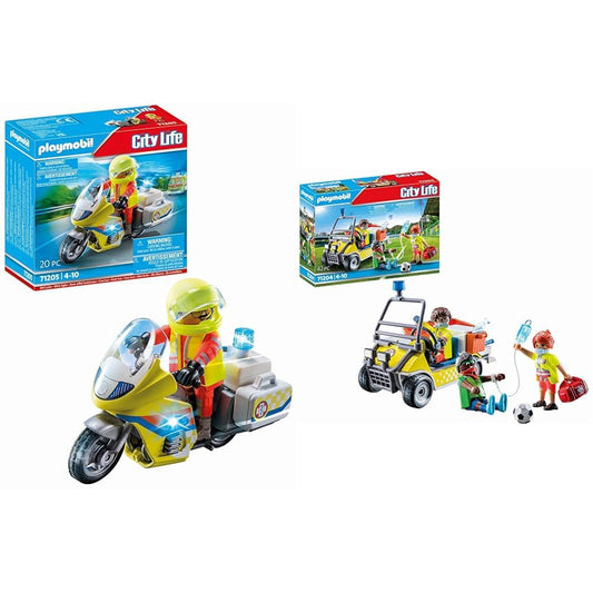 PLAYMOBIL City Life 71205 Paramedic Motorcycle with Light, Toy for Kids 4+ & City Life 71204 Rescue Cart, Toy for Kids 4+