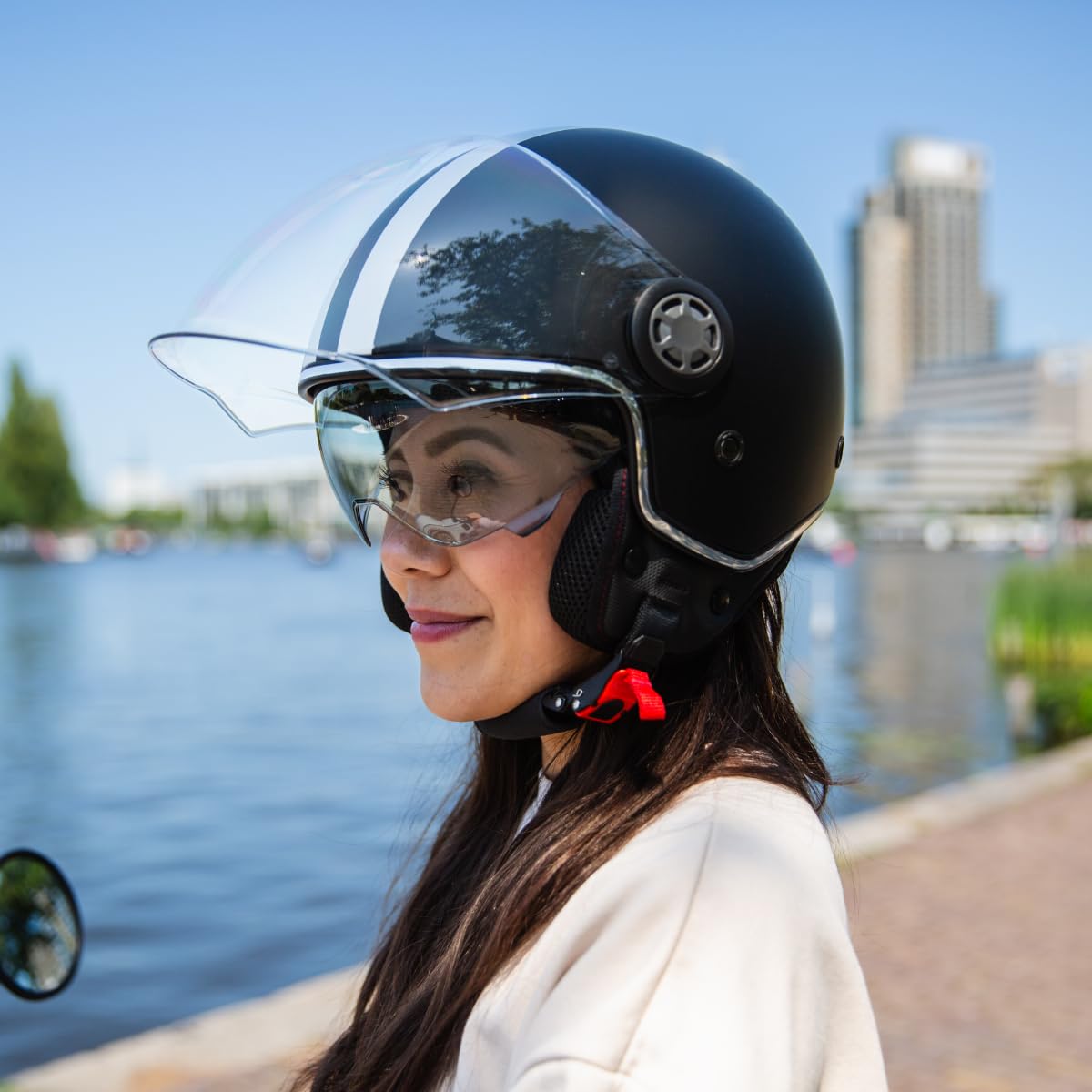 VINZ Parchi Jet Helmet with Double Visor | Scooter Helmet Fashion Helmet with Stripes | In sizes XS-XXL | Motorcycle Helmet with Sun Visor | ECE 22.06 Certified - Matte Black