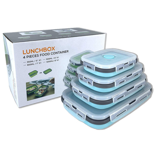 Collapsible silicone storage container with lid, portable bento box for space-saving, microwave-safe, set of 4, blue and grey.