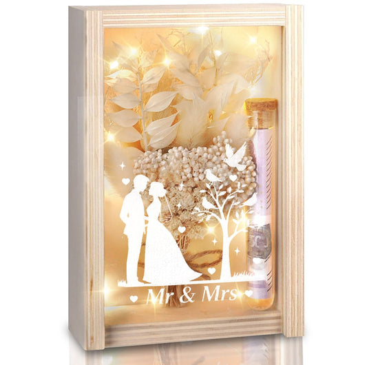 Wedding gifts for couples, wooden wedding gift money box including dried flowers, wooden box, plastic test tube, fairy lights, wedding day, wedding gift money.