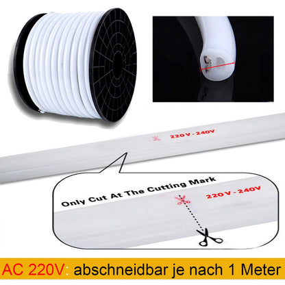 FOLLOW ME 10m Neon Rope Strip Round, 360° Luminescence Warm White, LED flexible strip without light points, 220V bright 2835 LED ribbon, IP65 waterproof for garden party wedding decoration