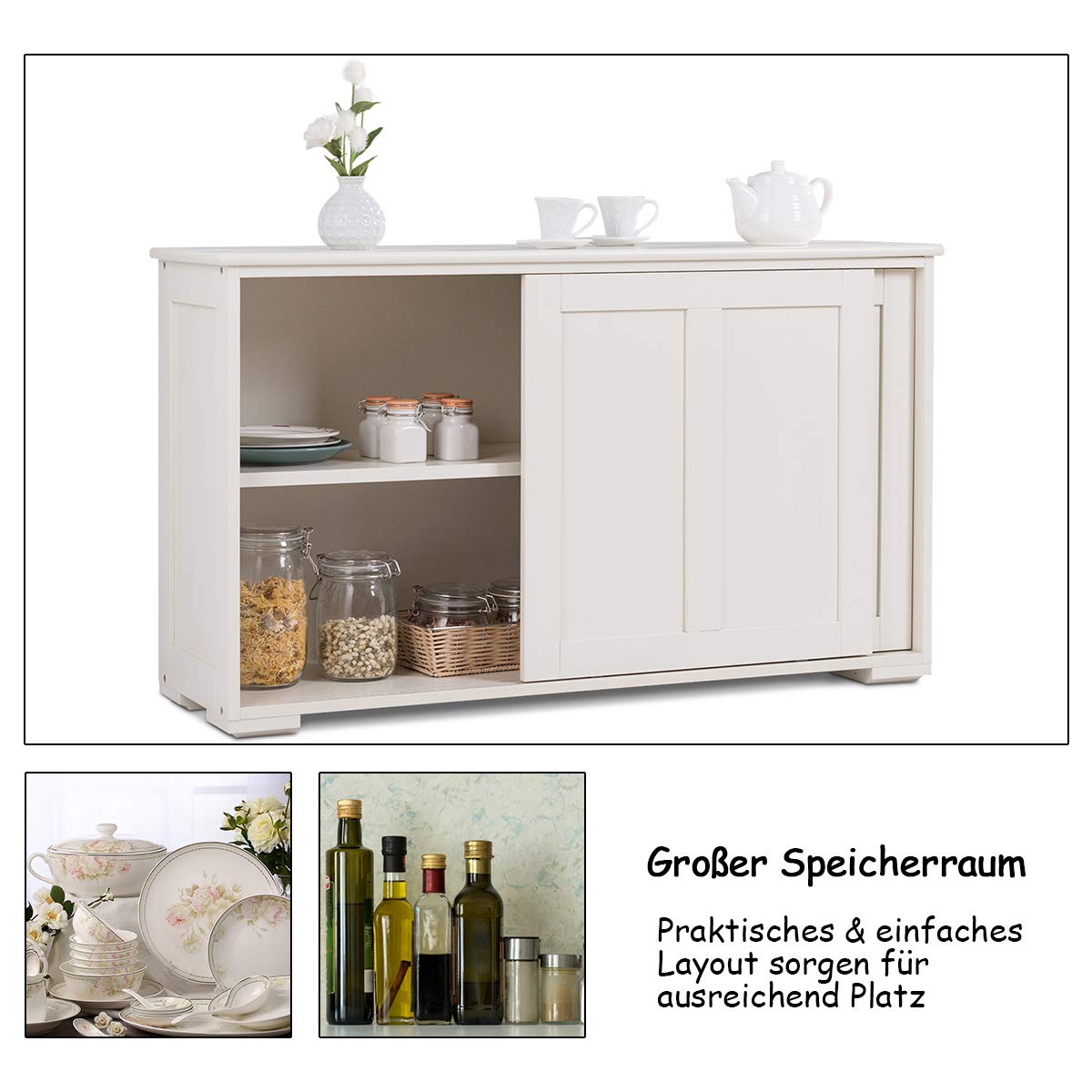 COSTWAY sideboard, kitchen cabinet with sliding doors & adjustable shelves, buffet cabinet storage cabinet, serving cabinet for kitchen, dining room, living room, 107 x 33 x 60 cm, wood, cream white.